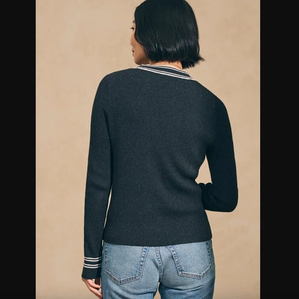 Faherty Mikki Cardigan Sweater, Black Cinder Sideline Stripe, Size Medium - Picture 2 of 13